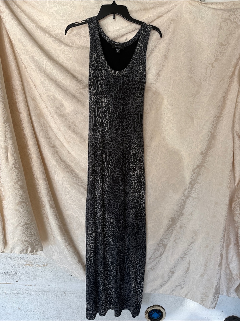 Karen Kane Maxi Dress in gray/white/black cheetah print.